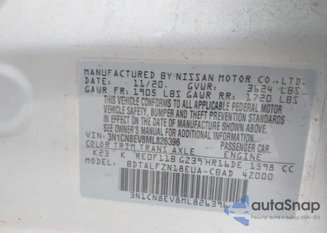 2021 Nissan Versa Sv Xtronic Cvt from USA, damaged, VIN 3N1CN8EV8ML826396